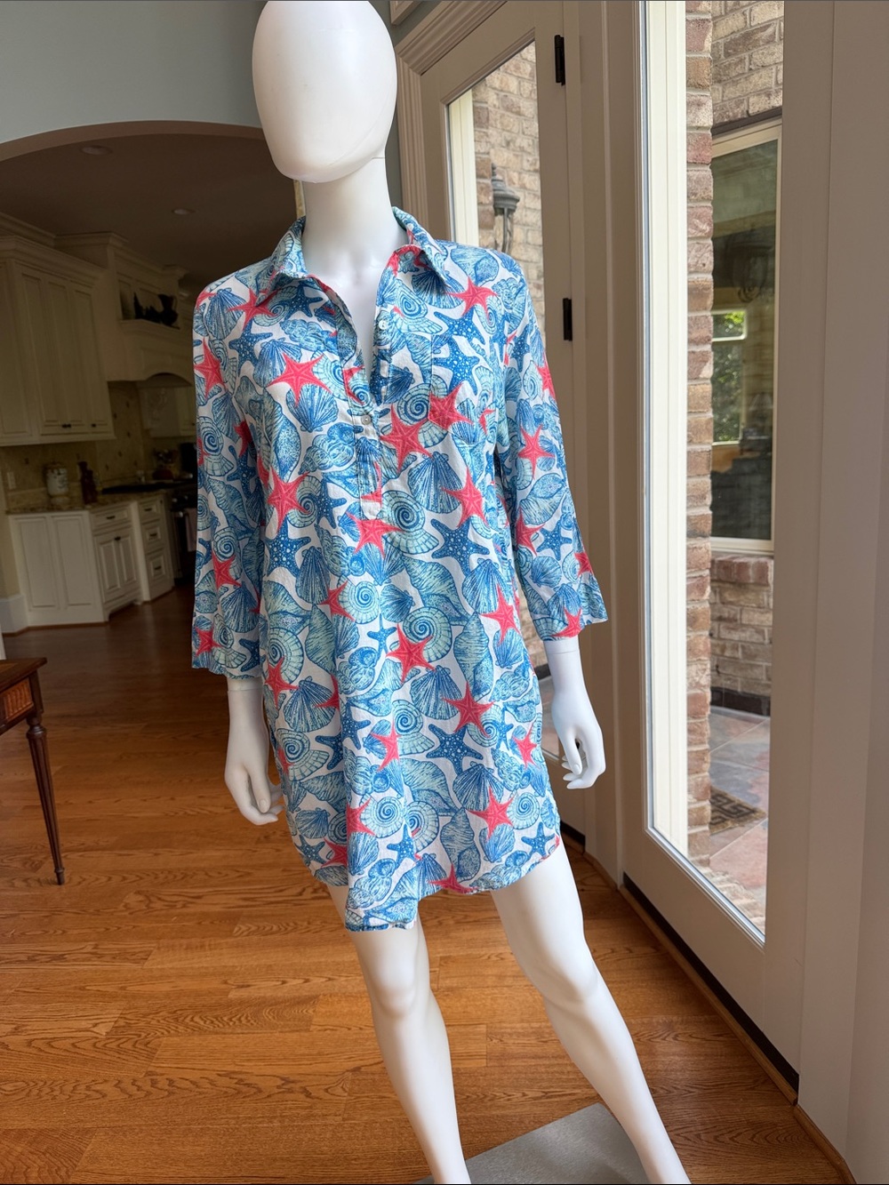 Mud Pie 100% cotton Coral & Blue Shell Print Shirt